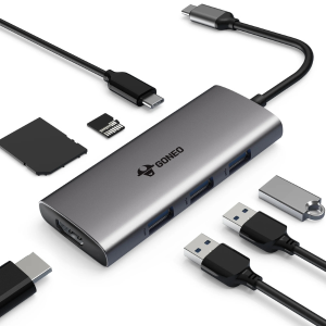   جونيو - محول متعدد المنافذ 7 في 1 USB C، مع 1 HDMI، شاحن PD 100W، منفذ USB C بسرعة 5 جيجابت، وقارئ بطاقات SD/TF    