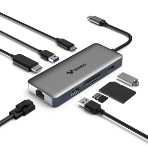   جونيو - محول متعدد المنافذ 8 في 1 USB C مع HDMI، شاحن PD 100W، 2 منافذ USB 3.0، منفذ USB 2.0، إيثرنت 1000 ميجابت، وقارئ بطاقات SD/TF    