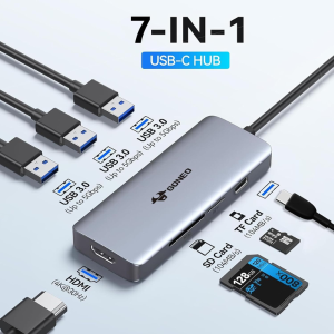   جونيو - محول متعدد المنافذ 7 في 1 USB C، مع 1 HDMI، شاحن PD 100W، منفذ USB C بسرعة 5 جيجابت، وقارئ بطاقات SD/TF    